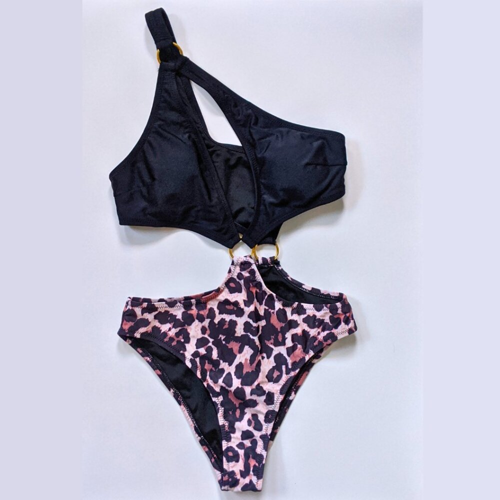Black & Leopard Print / Asymmetrical / One-Piece / Swimsuit / Size: Small / Gold